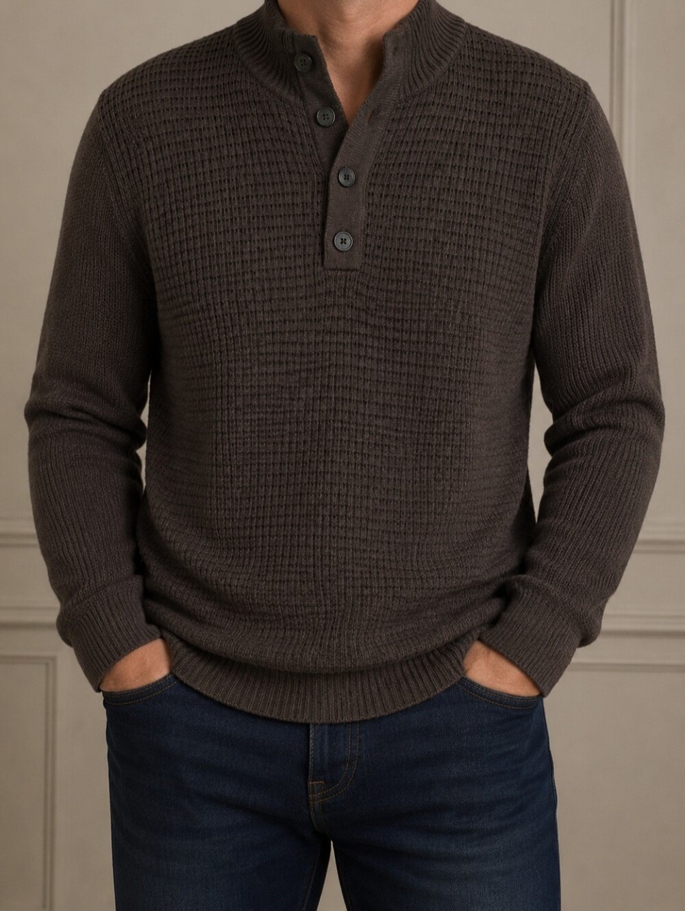 Ethan Pierce Knit Sweater Quarter Button Mock Neck Brown Mens XL